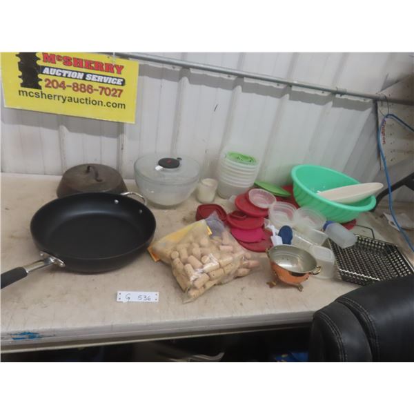 Large Fry Pan, Salad Spinner, Strainer, BBQ Veggie Cooker, Corks