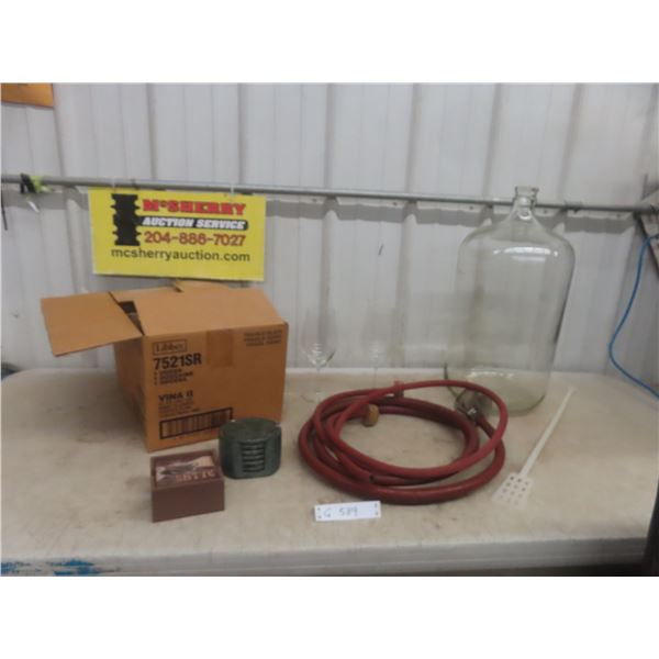 Glass Carboy, Hoses, Coasters and 12 New Wine 
