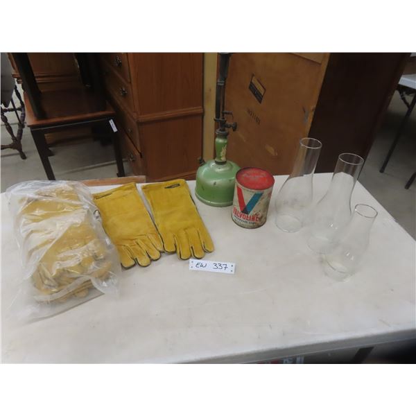4 Pairs Horizon Leather Work Gloves, 3 Chimneys for Oil Lamps