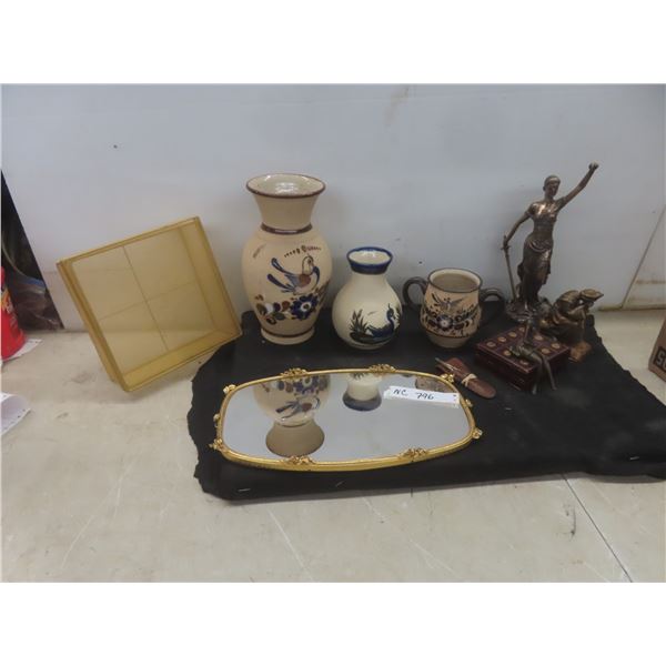Ladies Glass with Gold Trim Oval Dresser Tray Spelter Statues
