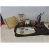 Image 1 : Ladies Glass with Gold Trim Oval Dresser Tray Spelter Statues