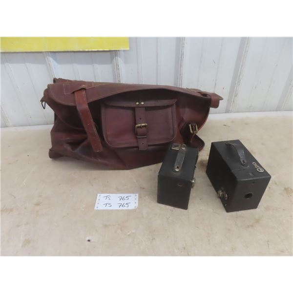 2 Vintage Cameras and Leather Bag