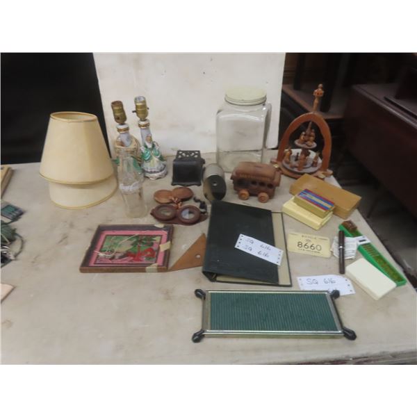 2 Night Stand Lamps (Some Damage) Cast Match Holder, Travel Crib Boards, Pencil Sharpeners, Wood Can