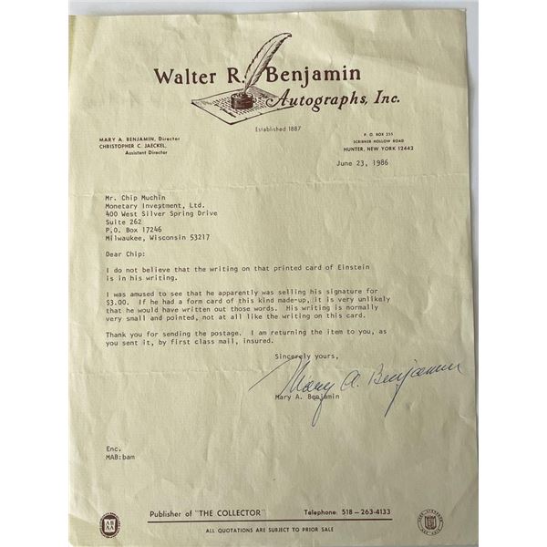 Mary A. Benjamin signed letter