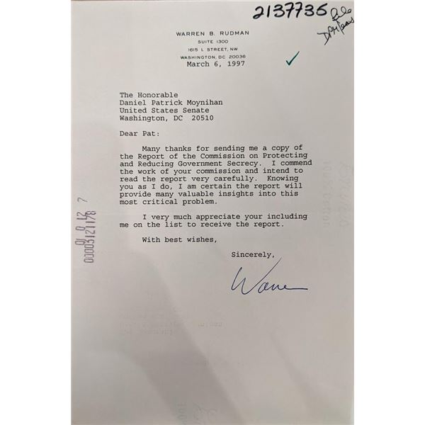 Warren B. Rudman Signed Letter