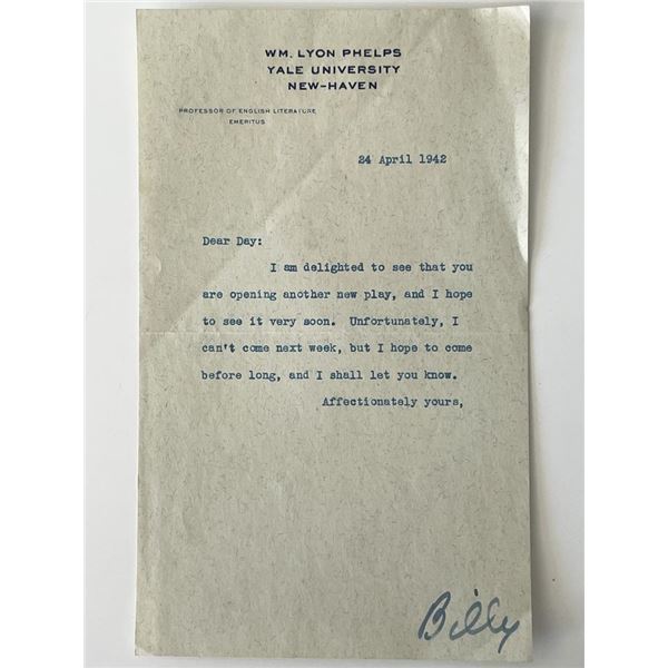 Yale Professor W.M. Lyon Phelps signed note