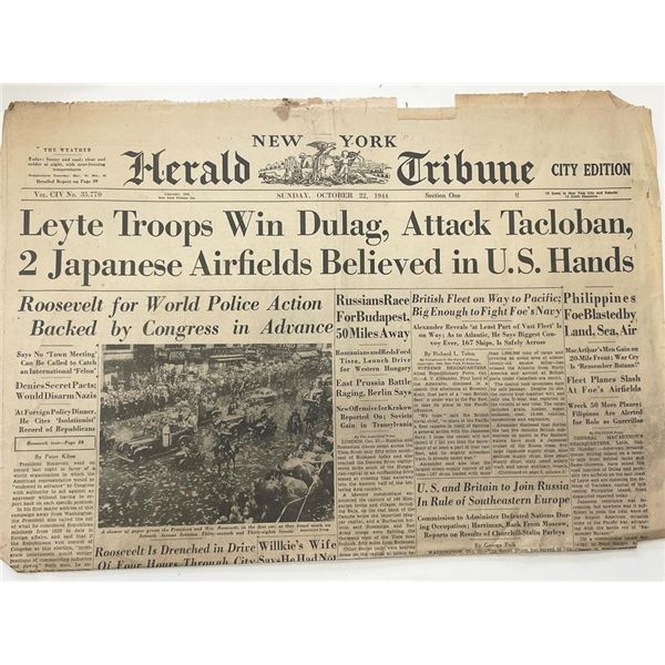 WWII 1944 New York Herald Tribune Original Vintage Newspaper