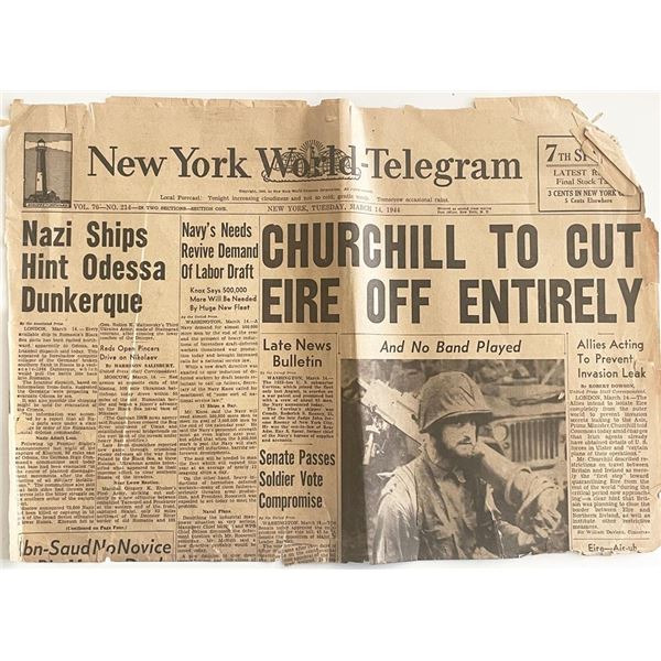 WWII 1944 New York World Telegram Original Vintage Newspaper - Churchill to Cut of Eire Entirely