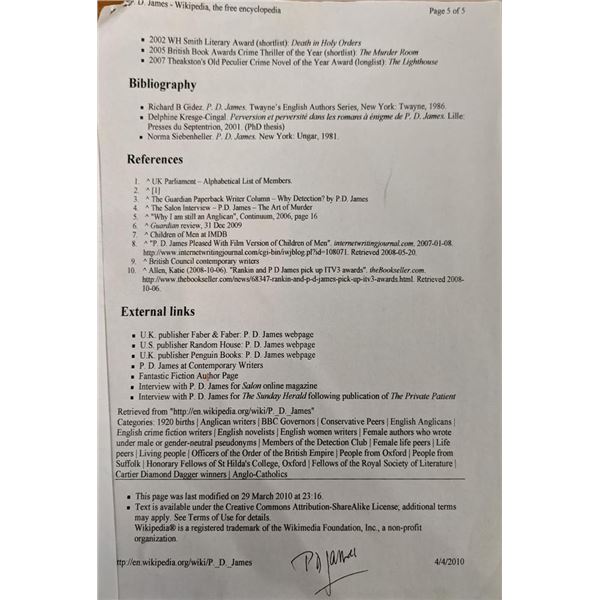 P.D. James Signed Bio Page