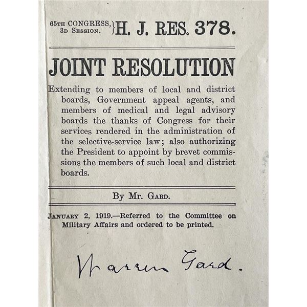 Political Resolution 1919 Warren Gard signed letter