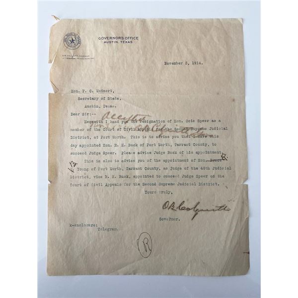 Governor of Texas Oscar Branch Colquitt 1914 signed letter