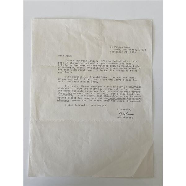 Author Ted Sennett signed typed letter