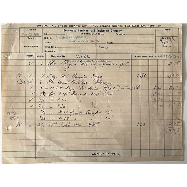 1902 Bronebrake Hardware store accounting log