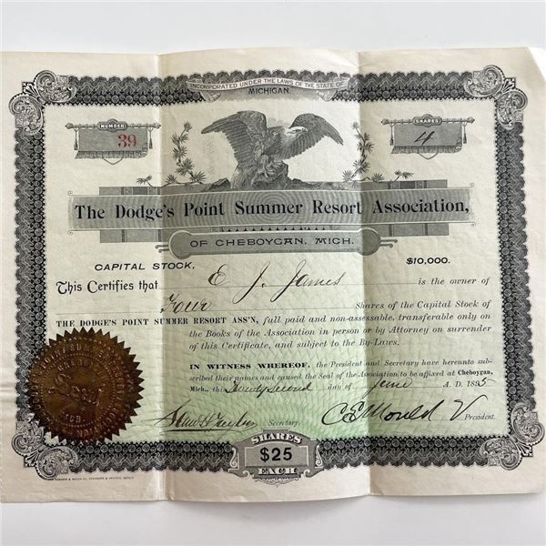 1895 Dodge's Point Summer Resort Association Signed Capital Stock Certificate