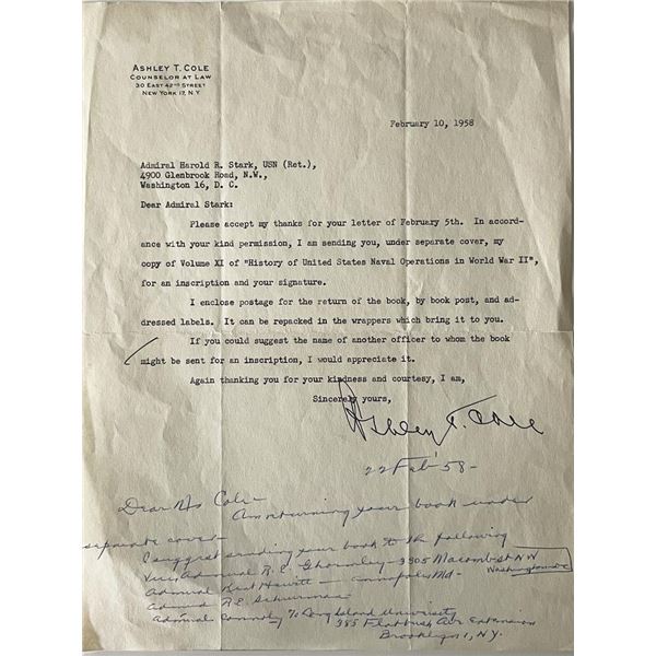 US Navy Admiral Harold R. Stark unsigned letter