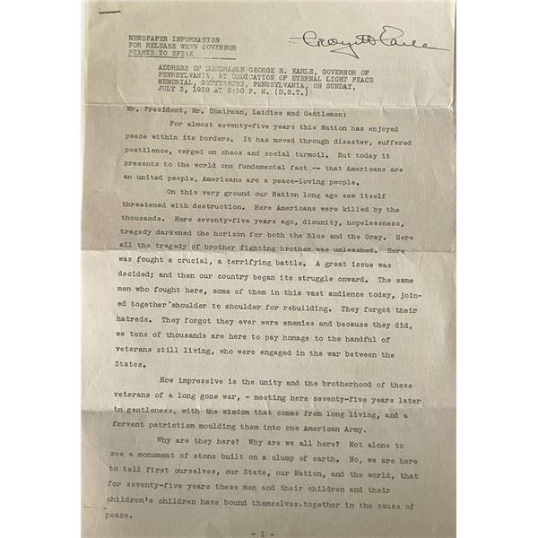 Gov. of Pennsylvania George H. Earle signed letter