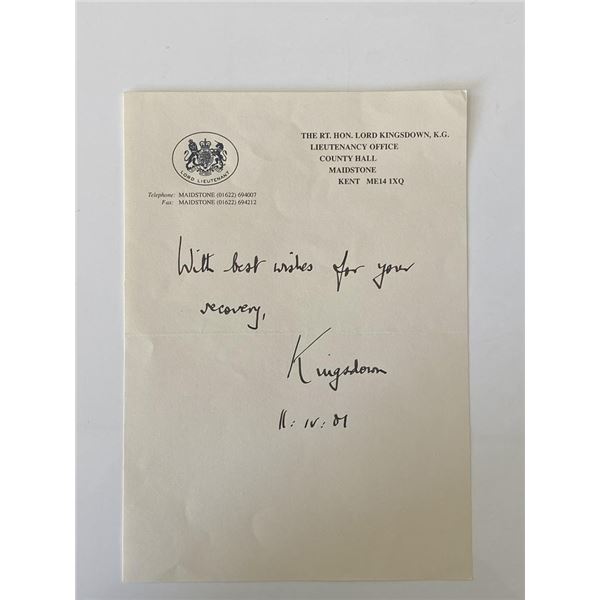 Thomas Pemberton Leigh, 1st Baron Kingsdown signed note