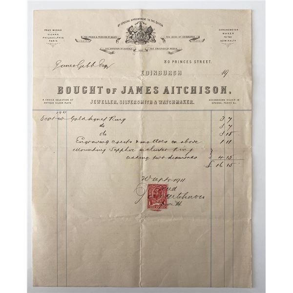 Jeweler James Aitchison signed invoice