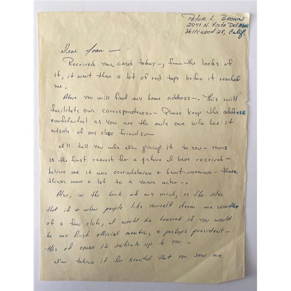 Actor Peter Brown signed letter