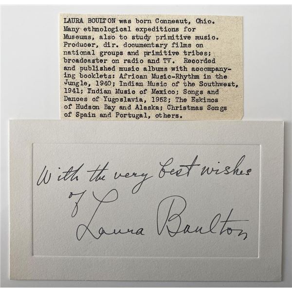 Ethnomusicologist Laura Boulton signed note and bio