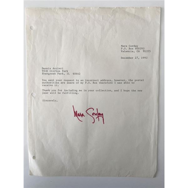 Mara Corday signed letter