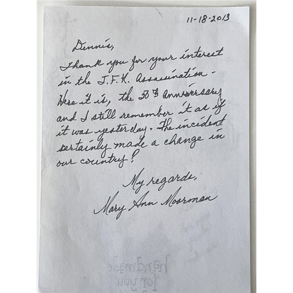 JFK assassination witness Mary Ann Moorman signed note