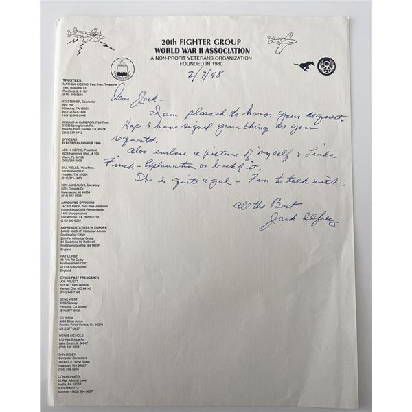 WWII 20th Fighter Group Jack M. Ilfrey signed sheet