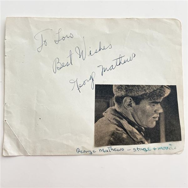 Actor George Mathews signed note with photo