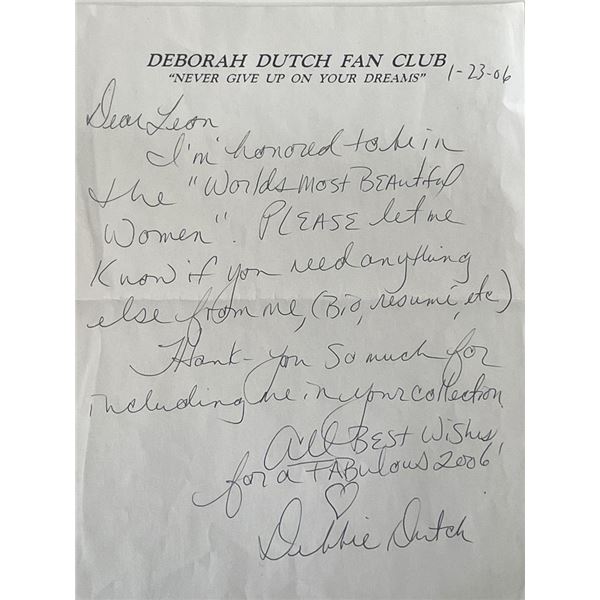 Actress Deborah Dutch signed note