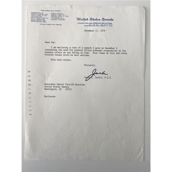 NY Senator Jacob K. Javits signed letter