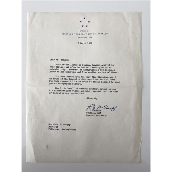 Colonel, AGC Special Assistant R.J. McDuff signed letter