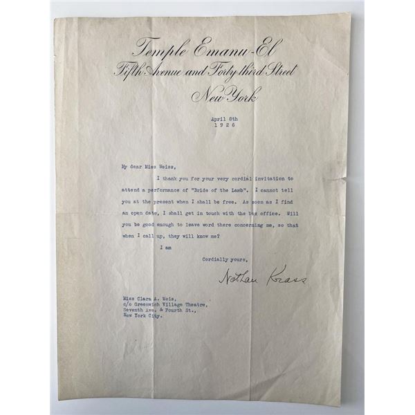 1926 Temple Emanu-El Rabbi Nathan Krass signed letter