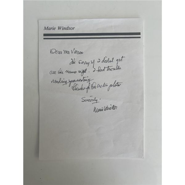 Actress Marie Windsor handwritten signed note