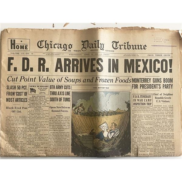 1943 Chicago Daily Tribune - F.D.R Arrives in Mexico - Original Vintage Newspaper