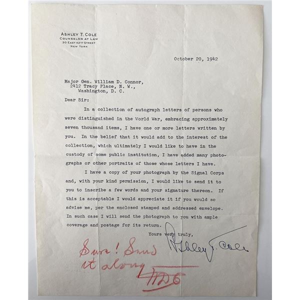 Military Officer William Durward Connor signed letter