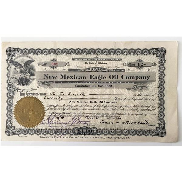 1926 New Mexican Eagle Oil Company Signed Stock Share Certificate