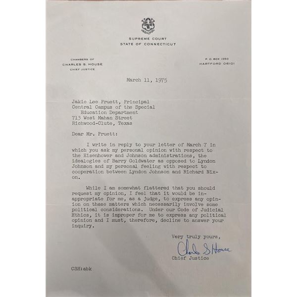 Connecticut Chief Justice Charles S. House Signed Letter