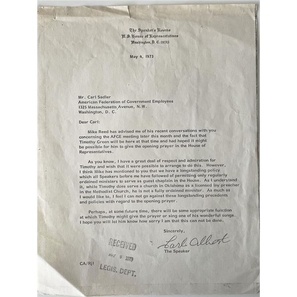 US House of Representatives Carl Albert signed letter