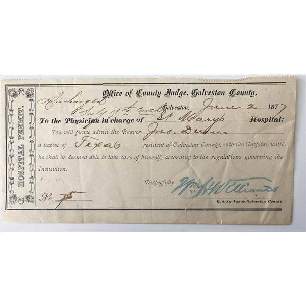 1877 Galveston County Signed Hospital Permit