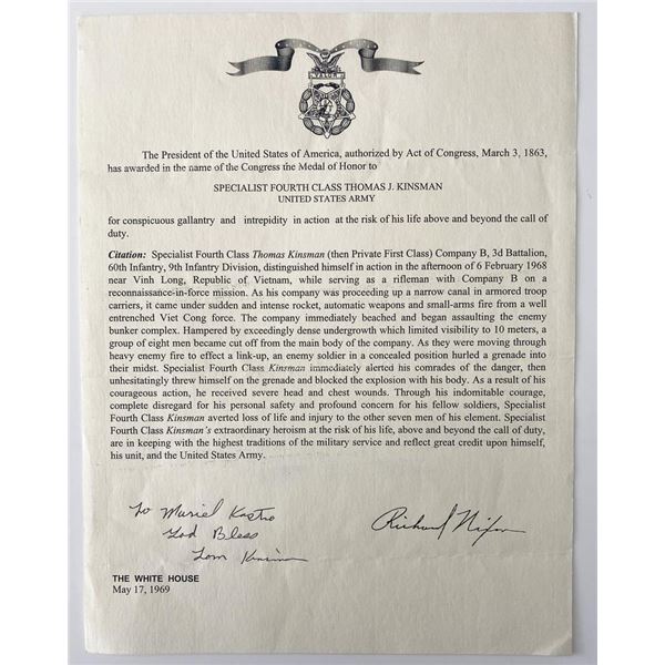 Medal of Honor Recipient Thomas James Kinsman and Richard Nixon signed letter