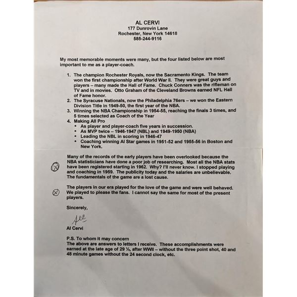 Al Cervi Signed Letter