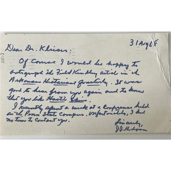 WW2 fighter pilot J.J. Hudson signed note