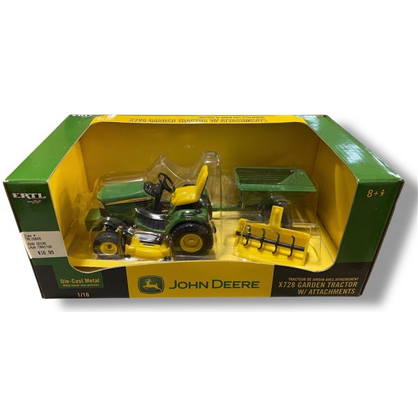 John Deere X728 Garden Tractor with Attachments - Ertl #1589 - 1:16 Scale Diecast in Original Box