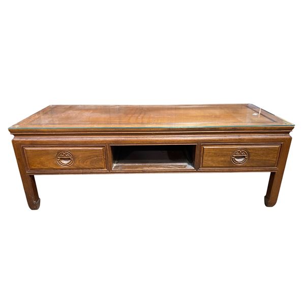 Asian Design Rosewood Coffee Table with 2 Drawers & Glass Top - 20" x 52" x 18" tall