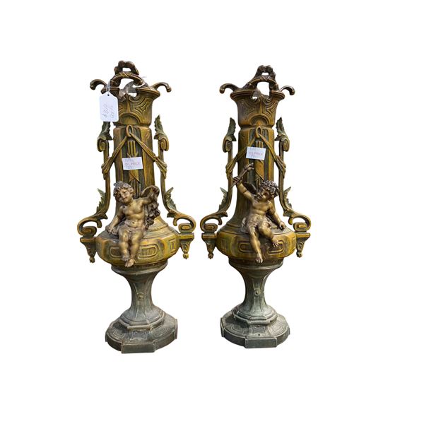 Pair of 18" Vintage Cast Metal Cupid Vases