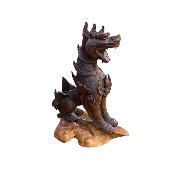 Hand Carved Wood Foo Dog Statue - 12" x 7" x 14" Tall