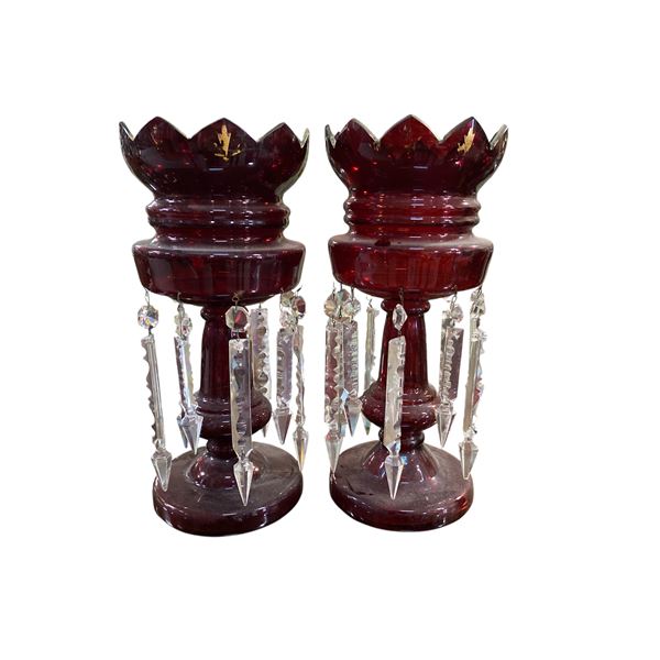 Pair of Vintage Ruby Glass Vases with Crystal Drops - 1 Drop Missing