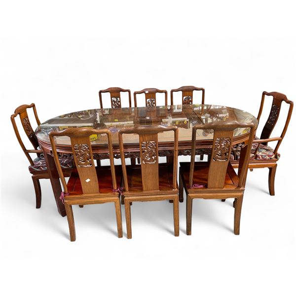 Asian Design Rosewood Dining Table - 8 Chairs, 2 Leaves & Glass Topper
