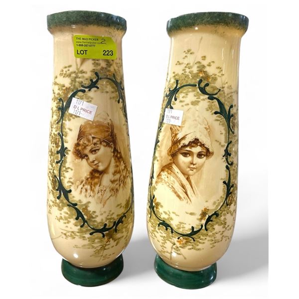 Pair of Victorian Hand Painted Glass Vases - 15" Tall x 5" Diameter at the base