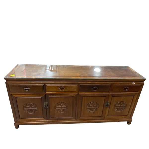 Carved Rosewood Asian Design Sideboard - 19 x 72 x 34" tall - Glass top
